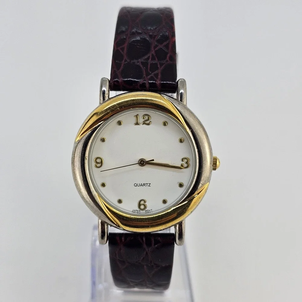34MM‎ Women's Analog Watch White Dial Brown Leather Bands NEW Battery